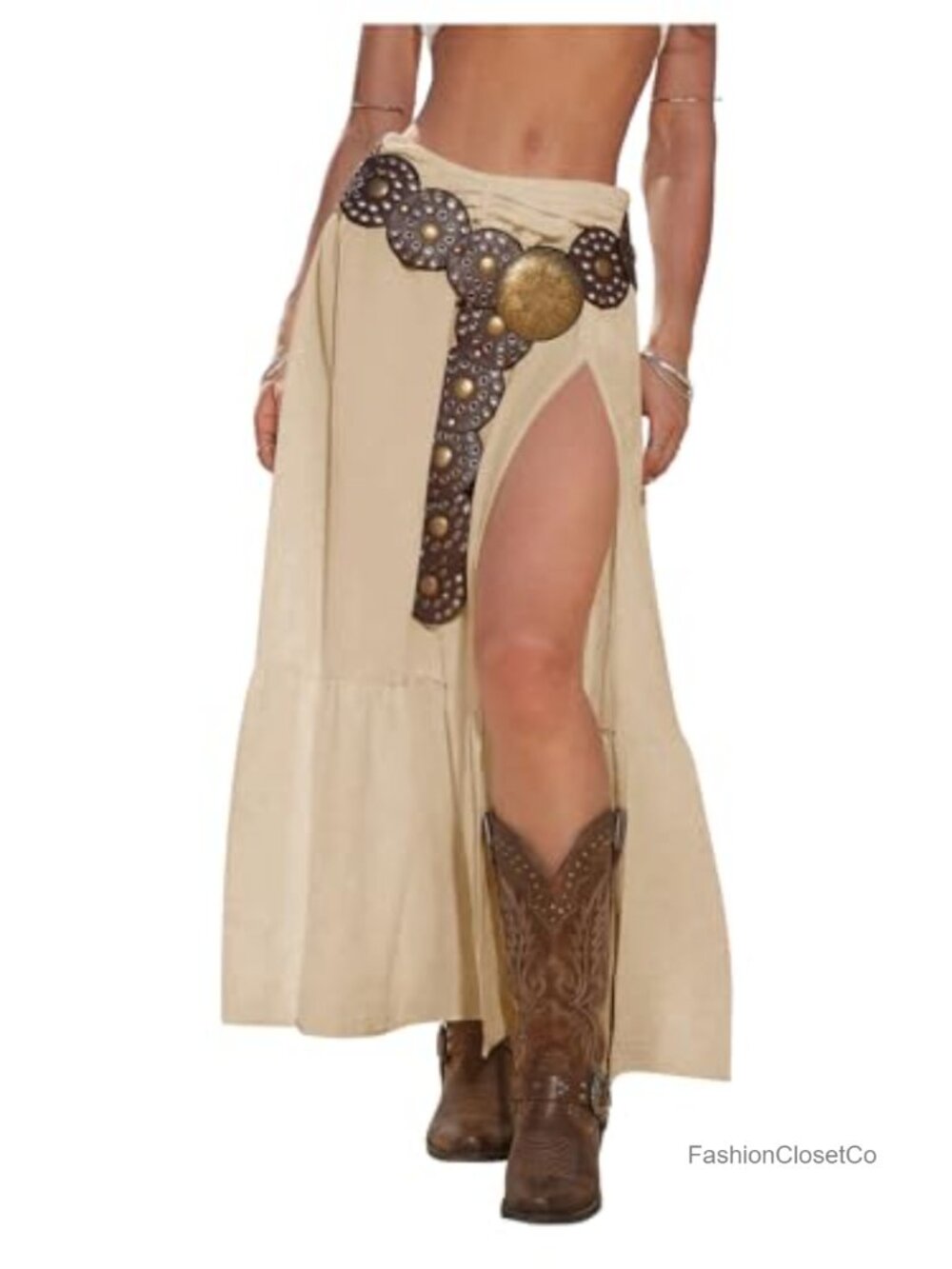 Women's High Slit Maxi Skirt Cowgirl Outfit with Ruffle Hem
